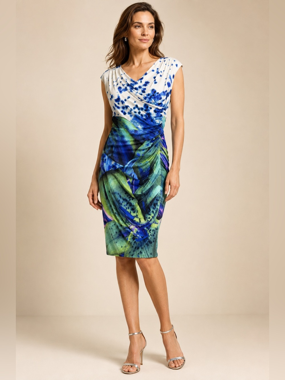 Roberto Cavalli Blue Green Lily Print Ruched Jersey Dress IT 44